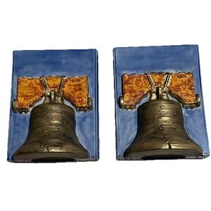 Pair of Ceramic Bookends Vintage 1975 Duncan Ceramics Liberty Bell Blue